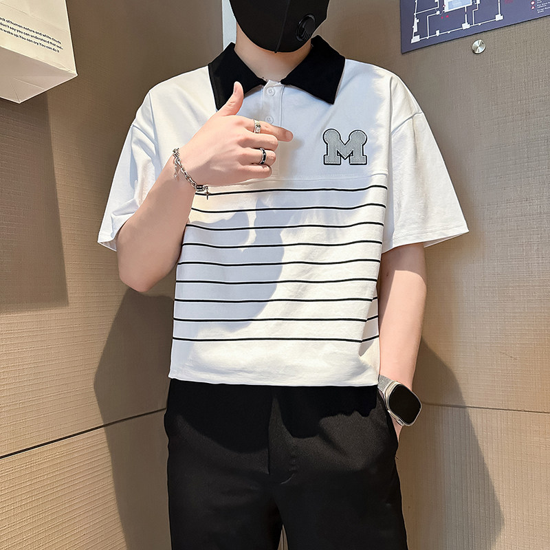 B323-PL23-P55控75社会小伙短袖POLO衫男店主风时尚条纹半袖衣服,男装Polo衫,星座301C（原B323）