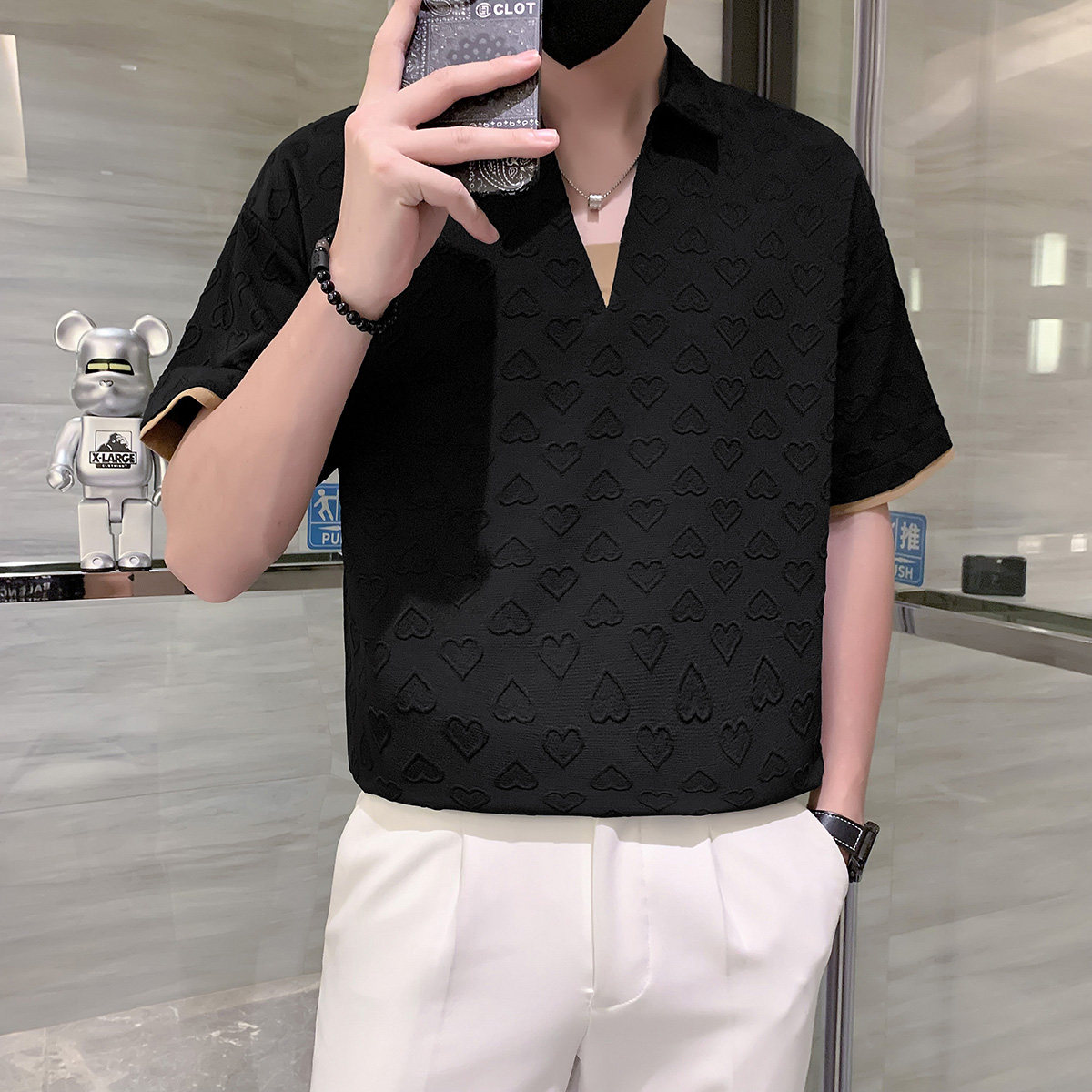 假两件短袖t恤POLO衫男潮牌高级感拼接爱心提花黑色PL15/特P45,男装T恤,星座301C（原B323）