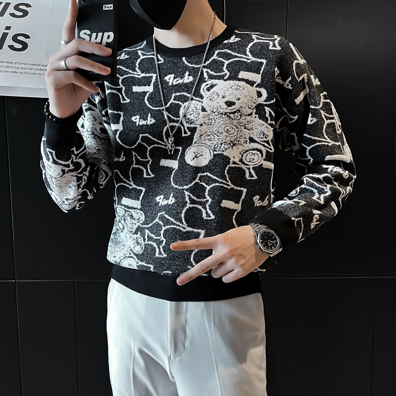男士毛衣2023新款小熊图案个性社会小伙针织衫三色M09-P58控78,男装针织衫/毛衣,星座301C（原B323）