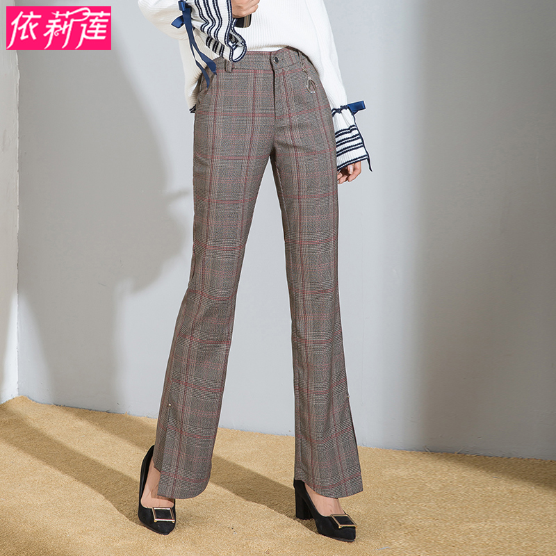 依莉蓮時尚格子開叉微喇褲女2017新款秋季大碼女褲子高腰寬松長褲