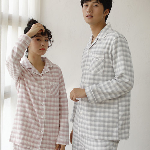 情侣简约风格纹磨毛翻领长袖睡衣