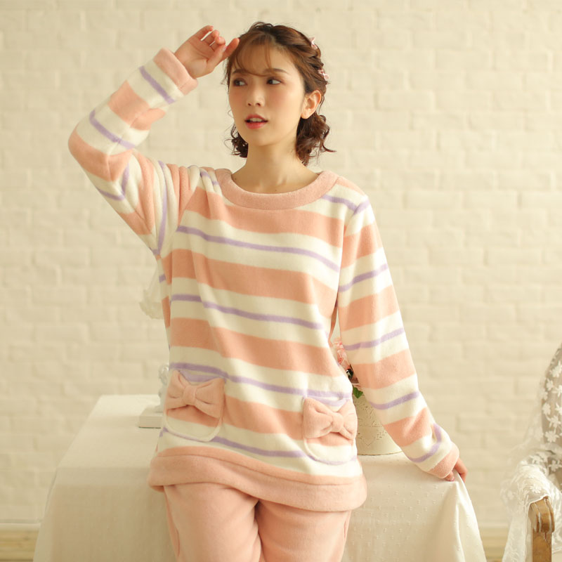 秋冬加厚珊瑚绒睡衣女 日式条纹套头珊瑚绒长袖圆领睡衣家居服