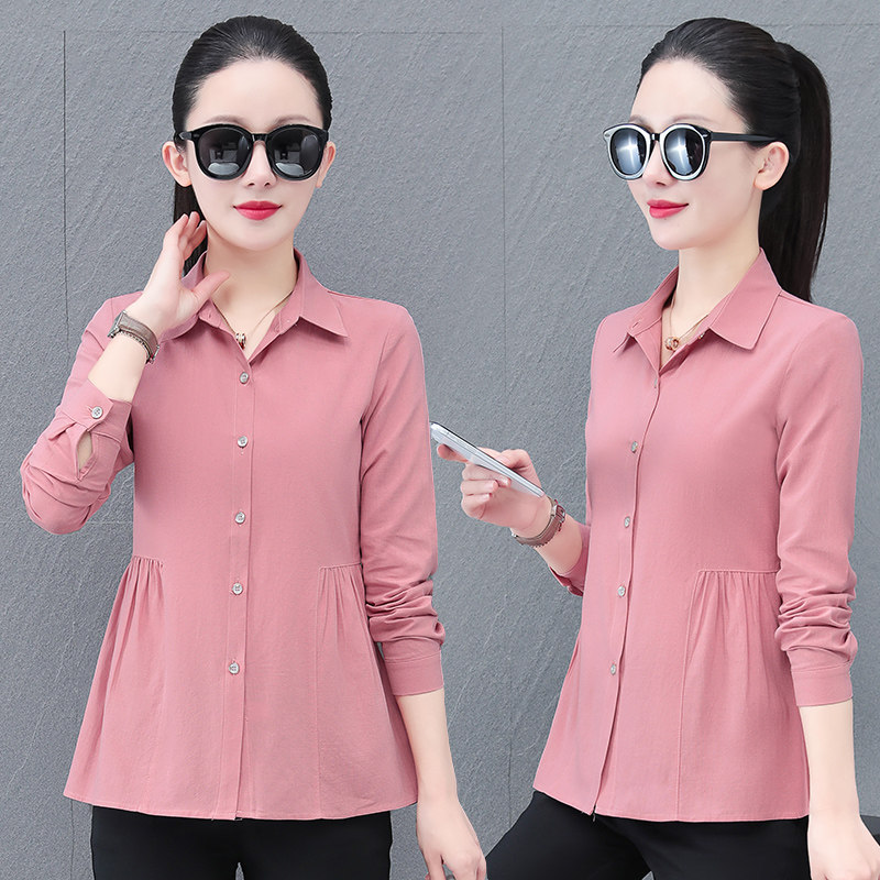 棉麻衬衫女长袖春秋新款韩版时尚显瘦遮肚中年妈妈气质上衣打底衫