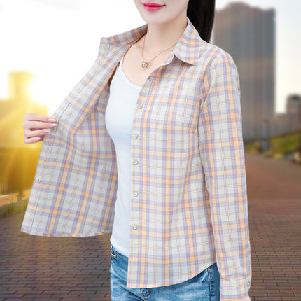 春秋新款韩版格子衬衫女长袖休闲纯棉衬衣女士翻领洋气上衣显瘦寸