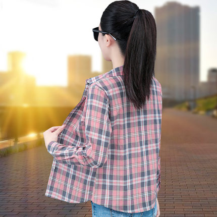 纯棉格子衬衫女长袖春秋新款韩版小个子休闲遮肚显瘦衬衣女士外套