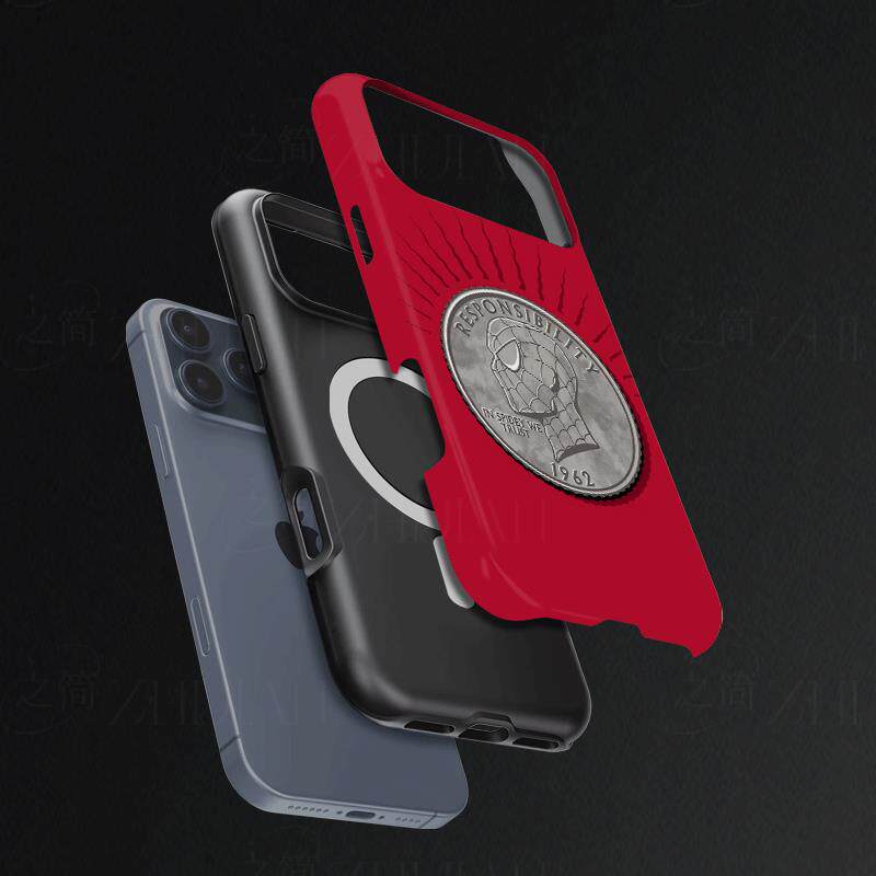蜘蛛侠纪念币磨砂磁吸手机壳大孔亮面硬壳适用苹果iphone18promax华为PURAXVIEW1加ACE5竞速版OPPOFINDX8S