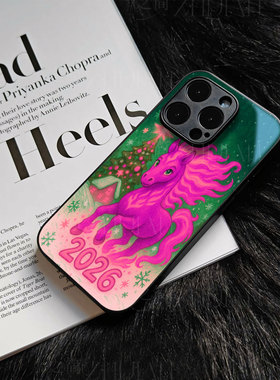 苹果17promax火马2026玻璃手机壳马年新年祝福有钱适用苹果华为小米15PROVIVOY300PROOPPORENO15PROVIVOX200