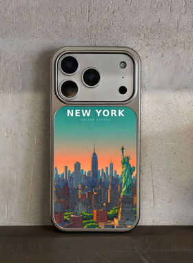 纽约自由城景手机壳大孔电镀黑框碳纤纹二合一磁吸适用苹果17promax华为小米15PROPURA80ULTRAPURA80PROPLUS