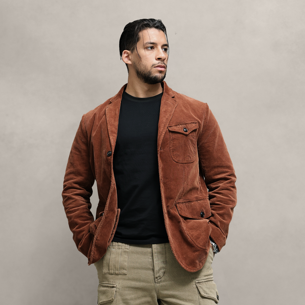 西里布美式复古灯芯绒猎装西服