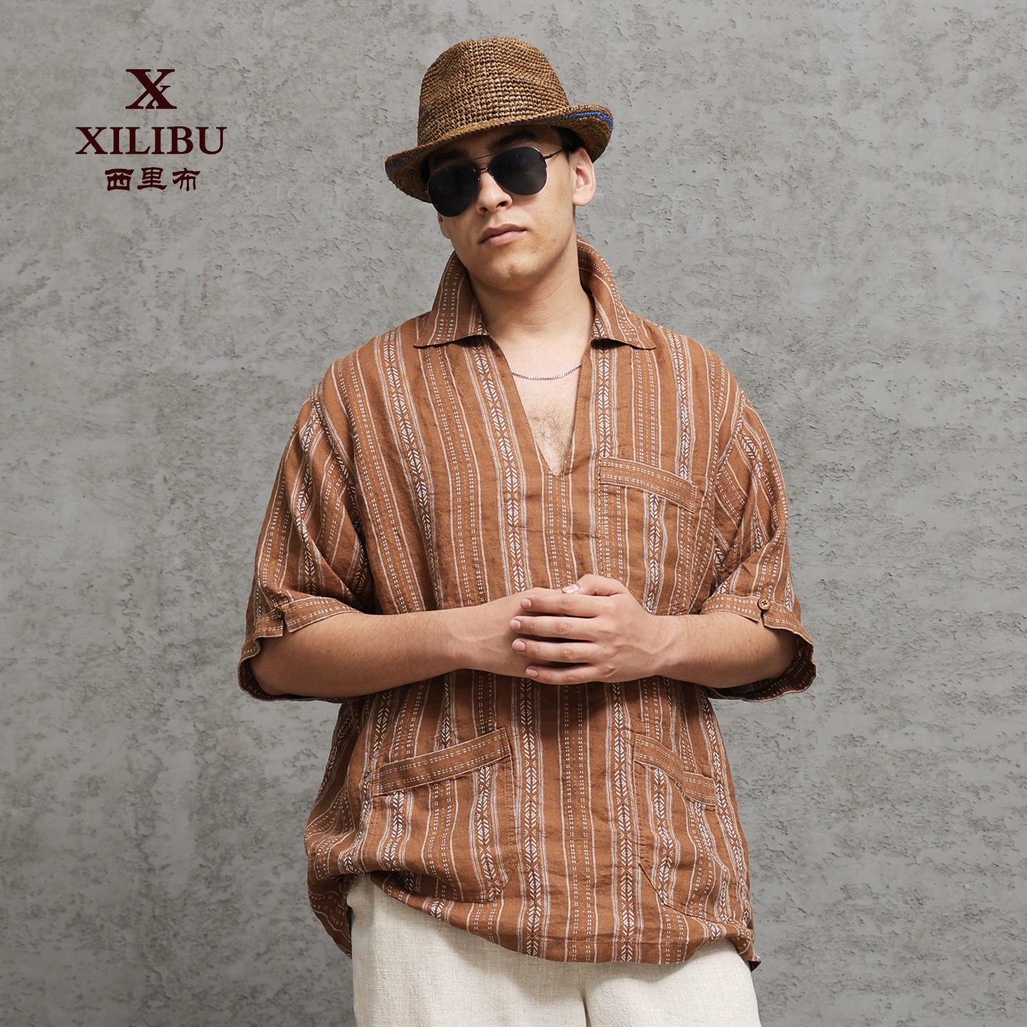西里布民族风复古条纹半开领亚麻短袖衬衫男宽松薄款半袖套头衫夏