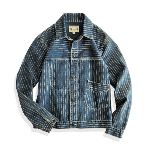 全棉西里布牛仔条纹印花夹克外套