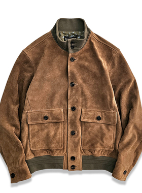 西里布日系复古螺纹立领真皮皮衣夹克男款翻毛牛皮短款外套非rrl