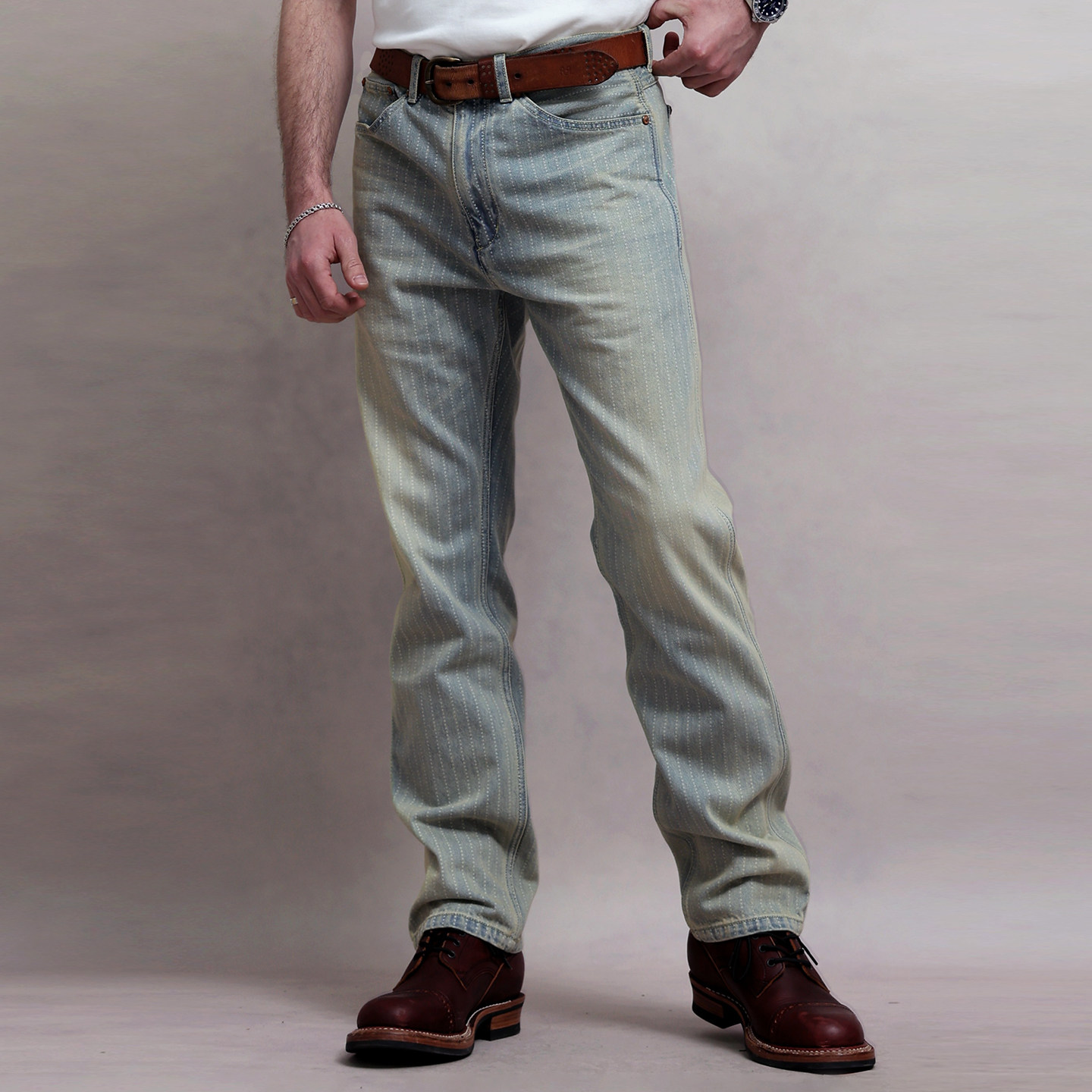 西里布美式复古浅蓝色直筒条纹牛仔裤男水洗拔染做旧修身休闲长裤