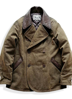 西里布牛皮翻领双排扣棉服大衣外套加厚水洗复古硬汉风休闲非rrl