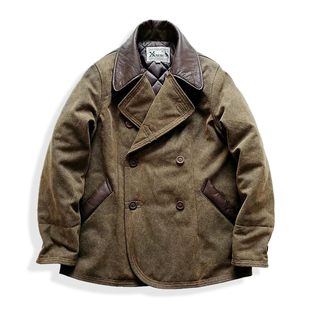 西里布牛皮翻领双排扣棉服大衣外套加厚水洗复古硬汉风休闲非rrl