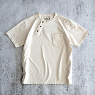 咔叽复古休闲原创新品 T恤衫 非rrl 全棉米白色亨利领半袖 西里布夏季