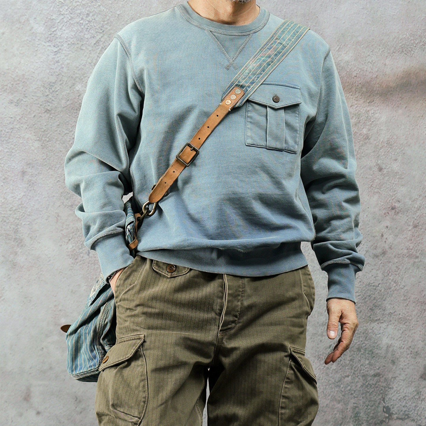 西里布蜡染牛仔蓝色全棉圆领套头卫衣男士拔染做旧咔叽复古非rrl