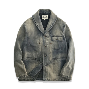 西里布美式 夹克外套男阿美咔叽拔染做旧非rrl 复古青果领牛仔工装