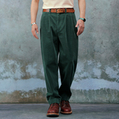 复古阔腿休闲裤 西里布墨绿色灯芯绒双褶长裤 男宽松直筒微锥条绒裤