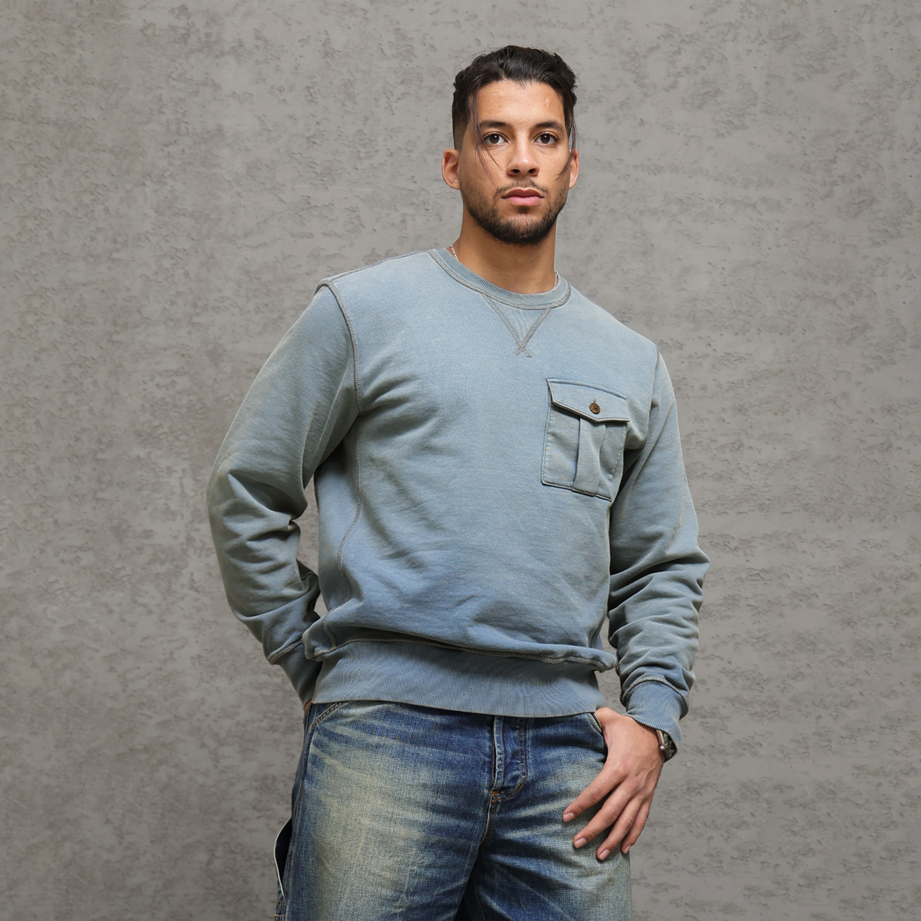 西里布蜡染牛仔蓝色全棉圆领套头卫衣男士拔染做旧咔叽复古非rrl