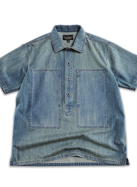 西里布美式复古牛仔半袖衬衫阿美咔叽水洗做旧工装套头短袖非rrl