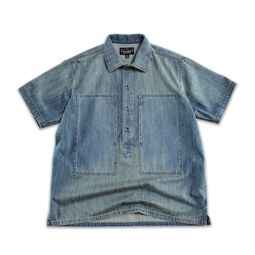 西里布全棉美式复古牛仔短袖衬衫