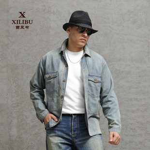牛仔夹克衬衫 甲板工装 外套男拔染做旧非rrl 复古德普款 西里布美式