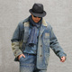 西里布日式 复古蓝染刺子拼接双排扣西服夹克外套重磅咔叽水洗做旧