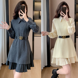 收腰赫本风气质款 法式 女装 新款 两件套显瘦 打底百褶翻领连衣裙长袖