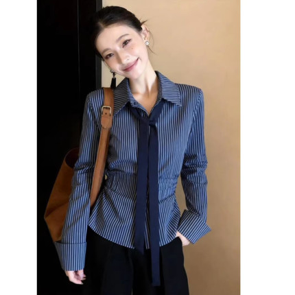 藏蓝色2026年春季春条纹衬衫女款长袖收腰设计感高级感上衣