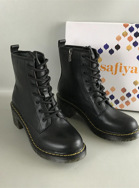 专柜Safiya/索菲娅断码撤柜女靴秋冬粗跟真皮马丁靴黑色百搭单靴