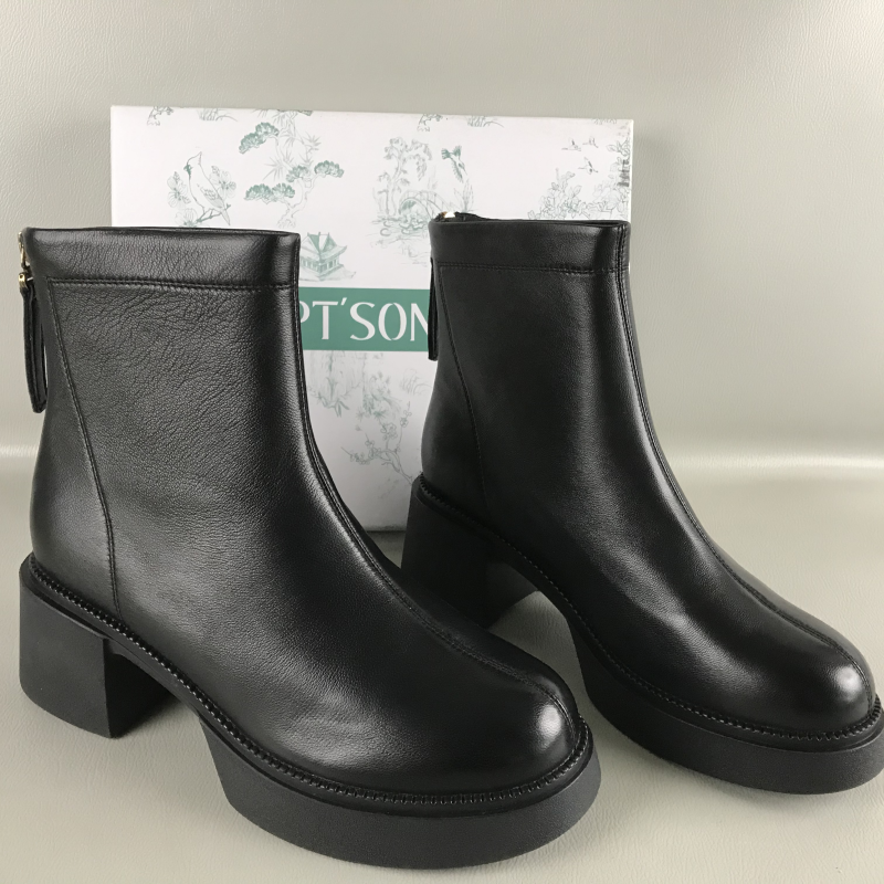 PT'SON百田森正品断码撤柜秋冬粗跟英伦风烟筒靴羊皮高跟时装靴女