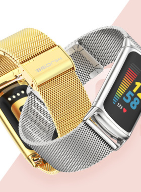 适用Fitbit Charge 6 5表带米兰三珠竹节腕带金属连接器替换表带