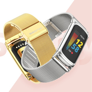 适用Fitbit Charge 6 5表带米兰三珠竹节腕带金属连接器替换表带