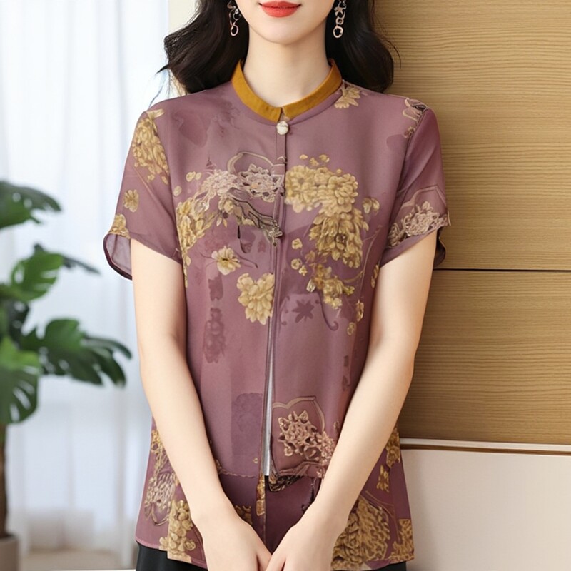2025新款通勤V领衬衣女中年妈妈装雪纺真丝上衣