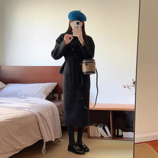 韩系通勤毛呢套装女秋冬季小个子双排扣系带收腰上衣半身裙两件套