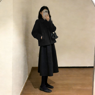 极简风黑色毛呢套装女秋冬季高级感小个子翻领外套半身裙两件套