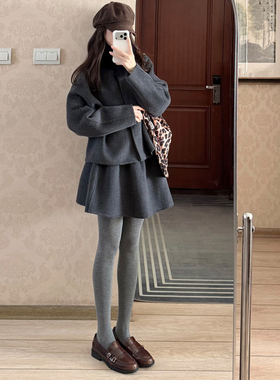 韩系灰色小香风呢子套装女秋冬毛呢外套花苞短裙两件套时尚千金风