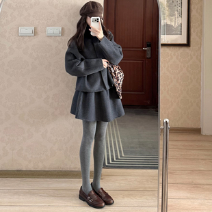 韩系灰色小香风呢子套装女秋冬毛呢外套花苞短裙两件套时尚千金风