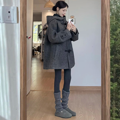 小个子韩系牛角扣灰色毛呢外套女