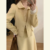 轻熟优雅风珍珠扣毛呢套装 女秋冬季 娃娃领外套半身裙两件套千金风