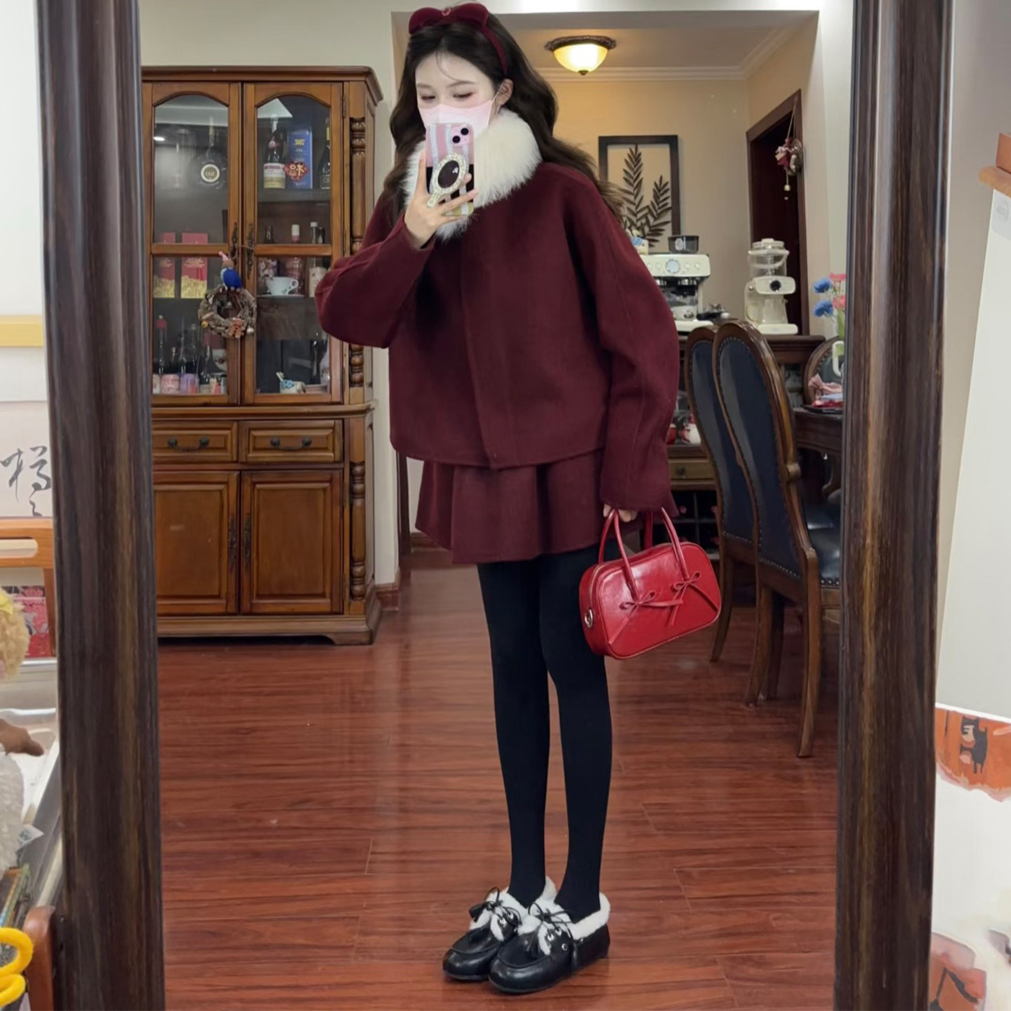 法式毛领呢子外套半身裙三件套女秋冬小个子高级感围脖花苞裙套装,女装/女士精品,时尚套装,淘宝优惠券,粉丝福利购,淘宝优惠卷