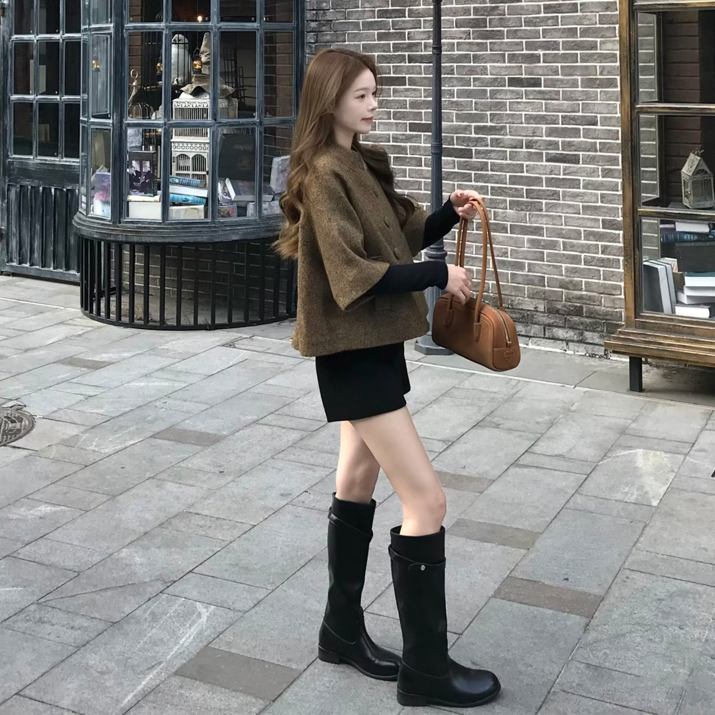 韩系复古千金风咖棕色毛呢外套女秋冬季小个子小香风斗篷呢子上衣