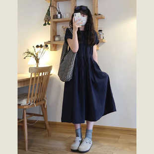 文艺复古藏蓝色连衣裙女夏新款宽松休闲抽绳收腰显瘦小个子长裙