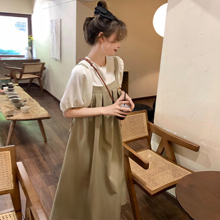 背带裙套装 韩版 衫 学院风甜美泡泡袖 少女两件套连衣裙小个子短袖
