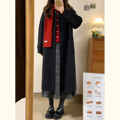 韩版中长款小个子单排扣毛呢外套