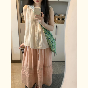 文艺风无袖衬衫+粉色半身裙套装女夏季小个子宽松显瘦温柔两件套