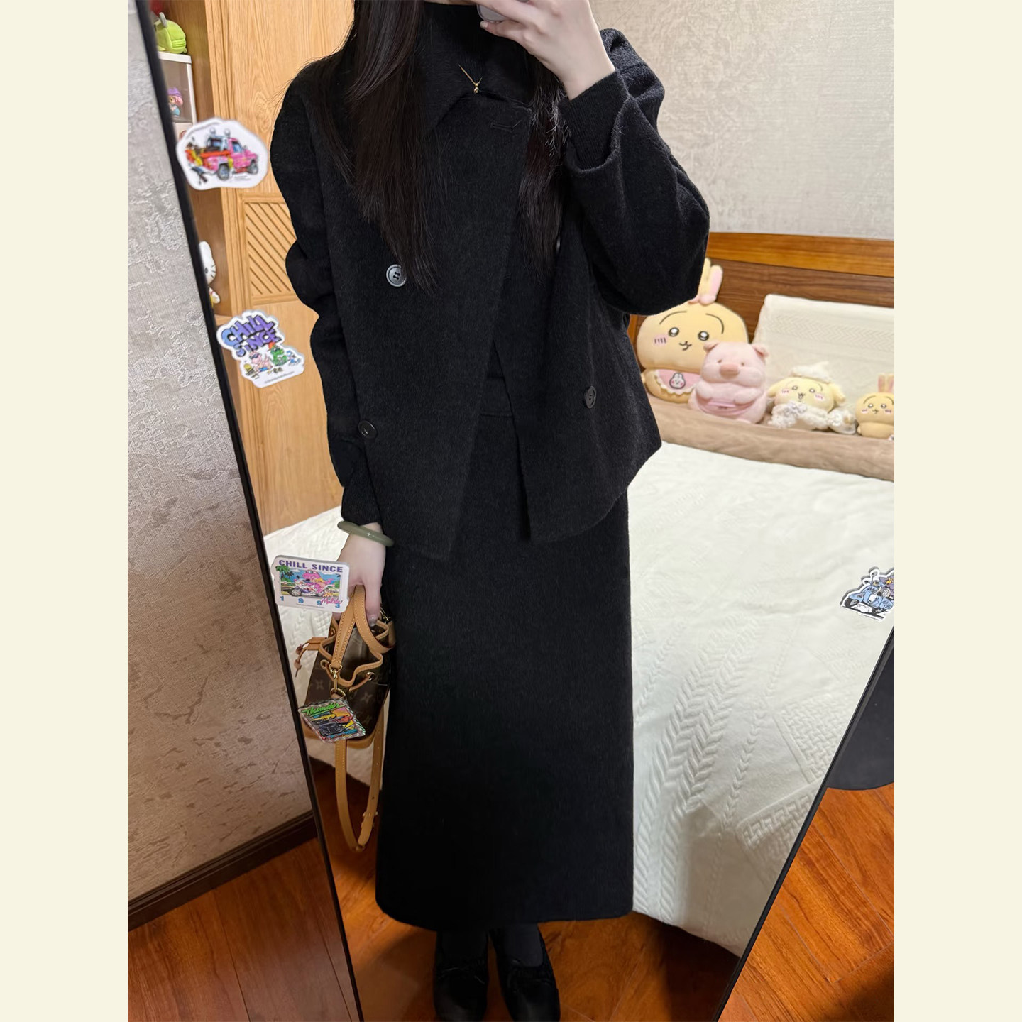 通勤风黑色毛呢外套半身裙两件套女秋冬季韩版小个子气质极简套装,女装/女士精品,时尚套装,淘宝优惠券,粉丝福利购,淘宝优惠卷