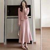 女秋冬高级感千金气质名媛外套半身裙两件套 粉色小香风呢子套装