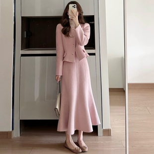 粉色小香风呢子套装 女秋冬高级感千金气质名媛外套半身裙两件套